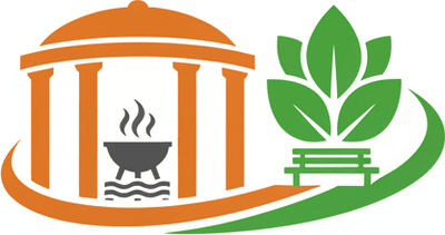 Логотип базы отдыха "База Уста" с беседками для шашлыков, современный дизайн.