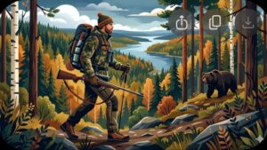 Иллюстрация с охотничьим снаряжением для охоты на медведя в лесах Карелии в современном стиле